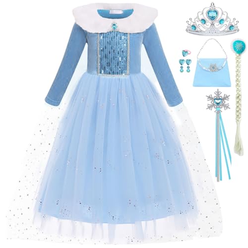 Snyemio Prinzessin Elsa Kostüm Mädchen Eiskönigin Kinder Kleid Eisprinzessin Verkleidung Langarm für Karneval Party Fasching Halloween, 146-152(Etikett 150) von Snyemio