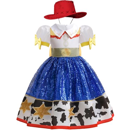 Snyemio Jessie Kostüm Mädchen Cowgirl Kinder Kleid Faschingskostüm mit Hut für Halloween Karneval Verkleidung, 134-140(Etikett 140) von Snyemio