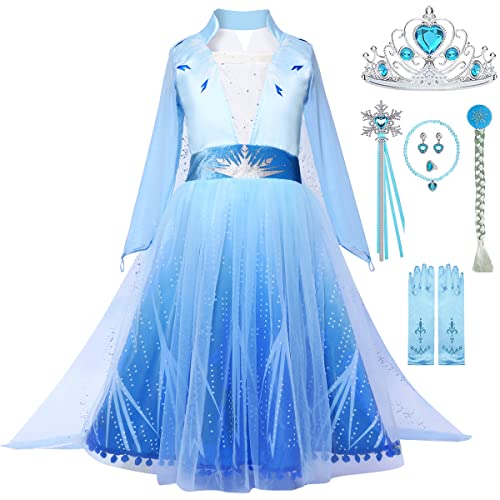 Snyemio Kinder Mädchen Prinzessin Elsa Eiskönigin Kostüm Kleid Weihnachten Halloween Karneval Schneekönigin Verkleidung Cosplay Fasching, Blau, 134-140(Etikett 140) von Snyemio