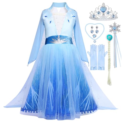 Snyemio Kinder Mädchen Prinzessin Elsa Eiskönigin Kostüm Kleid Weihnachten Halloween Karneval Schneekönigin Verkleidung Cosplay Fasching, 146-152(Etikett 150) von Snyemio