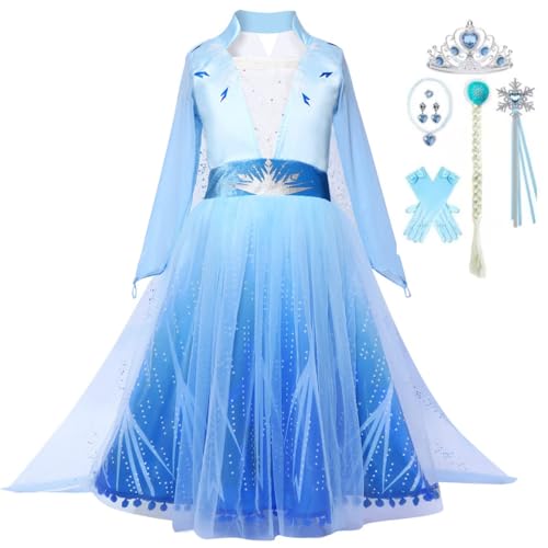 Snyemio Kinder Mädchen Prinzessin Elsa Kostüm Kleid Weihnachten Halloween Karneval Verkleidung Cosplay, Blau mit Perücke, 128-134(Etikett 130) von Snyemio