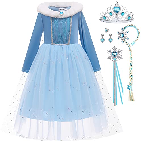 Snyemio Elsa Kostüm Mädchen Prinzessin Eiskönigin Kinder Kleid Eisprinzessin Verkleidung Langarm für Karneval Party Fasching Halloween Blau, 104-110(Etikett 110) von Snyemio