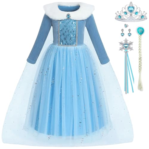 Snyemio Prinzessin Elsa Kostüm Mädchen Eiskönigin Kinder Kleid Eisprinzessin Verkleidung Langarm für Karneval Party Fasching Halloween, 128-134(Etikett 130) von Snyemio