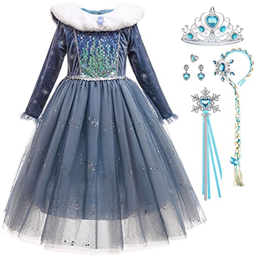 Snyemio Elsa Kostüm Mädchen Prinzessin Eiskönigin Kinder Kleid Eisprinzessin Verkleidung Langarm für Karneval Party Fasching Halloween Grau, 128-134(Etikett 130) von Snyemio