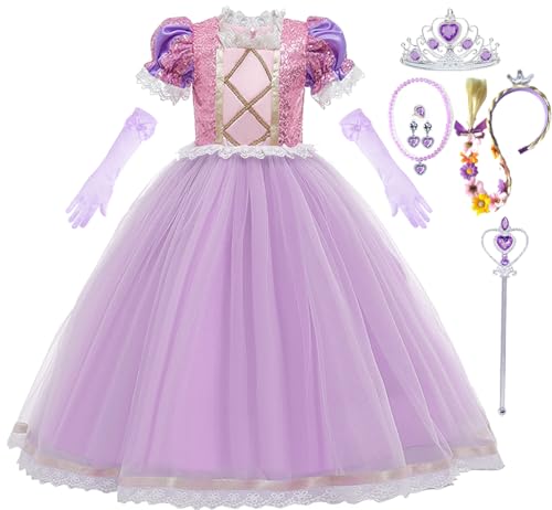 Snyemio Rapunzel Kostüm Kinder Mädchen Prinzessin Lila mit Zubehör Kleid Pailletten Tüll Fasching Verkleidung Festlich Karneval Halloween, 128-134(Etikett 130) von Snyemio