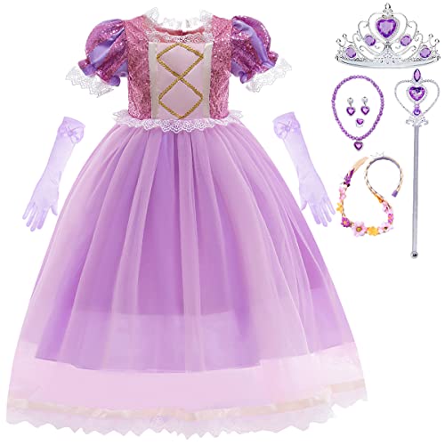 Snyemio Rapunzel Kostüm Kinder Mädchen Prinzessin Lila Kleid Pailletten Tüll Fasching Verkleidung Festlich Karneval Halloween, Lila, 116-122(Etikett 120) von Snyemio