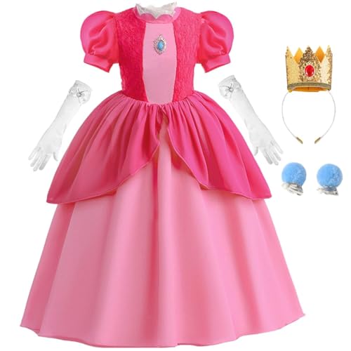 Snyemio Mädchen Prinzessin Peach Kostüm Rosa Pfirsich Kleid Kinder Cosplay Set mit Zubehör fur Halloween Weihnachten Fasching Karneval Verkleidung, Rosa 104-110(Etikett 110) von Snyemio