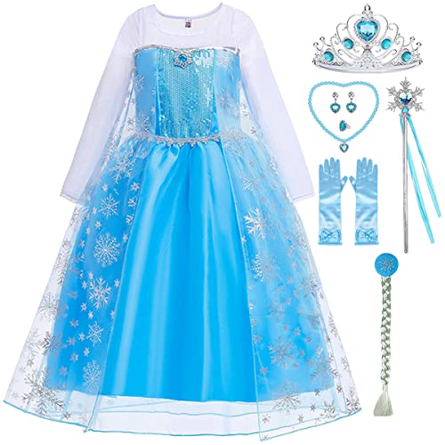 Snyemio Mädchen Prinzessinen Elsa Kleid Schneekönigin Kinder Kostüm Eiskönigin Verkleidung mit Zubehör Fasching Karneval Party, Dunkelblau, 128-134(Etikett 130) von Snyemio