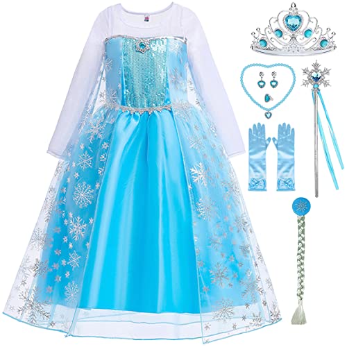 Snyemio Mädchen Prinzessinen Elsa Kleid Schneekönigin Kinder Kostüm Eiskönigin Verkleidung mit Zubehör Fasching Karneval Party, Blau, 134-140(Etikett 140) von Snyemio