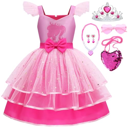 Snyemio Mädchen Rosa Prinzessin Kostüm Kleid Kinder Faschingskostüm mit Zubehör für Weihnachten Karneval Verkleidung, 128-134(Etikett 130) von Snyemio
