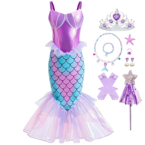 Snyemio Meerjungfrau Kostüm Mädchen Arielle Prinzessin Fasching Kleid mit Zubehör für Karneval Halloween Geburtstag Party, Lila, 98-104(Etikett 100) von Snyemio