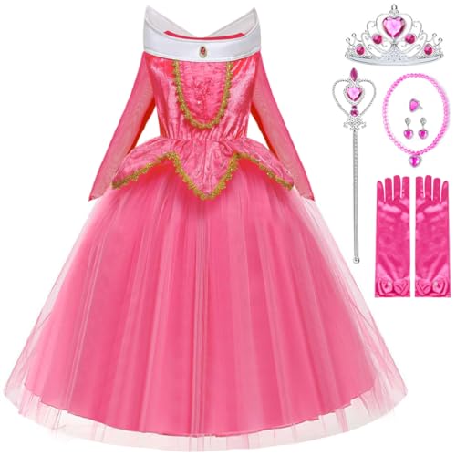 Snyemio Prinzessin Aurora Kleid Mädchen Dornröschen Kostüm Kinder Faschings Kleider mit Accessoires Karneval Geburtstag Party, Rosa, 104-110(Etikett 100) von Snyemio