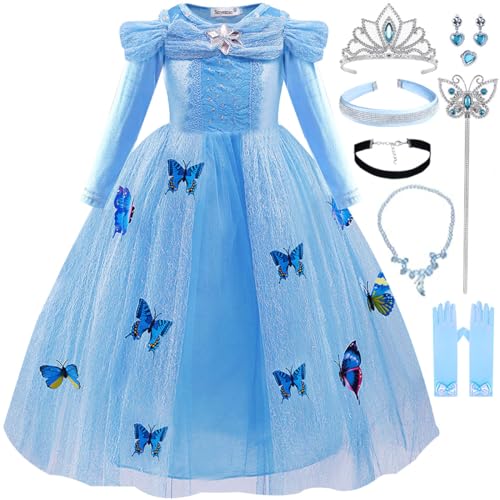 Snyemio Prinzessin Cinderella Kostüm Mädchen Aschenputtel Verkleidung Kinder Kleid mit Zubehör für Karneval Fasching Geburtstagsfeier, 116-122(Etikett 120) von Snyemio