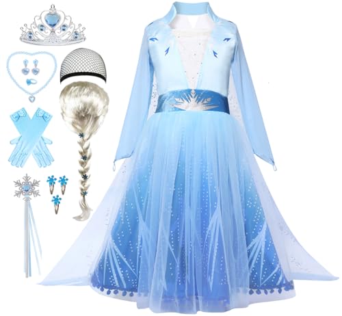 Snyemio Prinzessin Elsa Kostüm Mädchen mit Perücke Eiskönigin Kleid Kinder Halloween Karneval Fasching Verkleidung, 104-110(Etikett 110) von Snyemio
