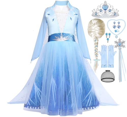 Snyemio Prinzessin Elsa Kostüm Mädchen mit Perücke Eiskönigin Kleid Kinder Halloween Karneval Fasching Verkleidung, 116-122(Etikett 120) von Snyemio