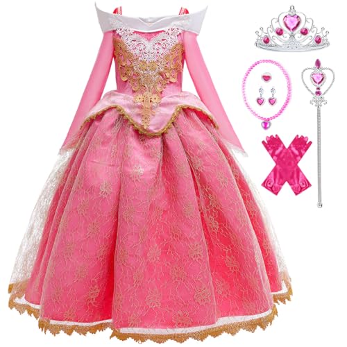 Snyemio Dornröschen Kostüm Kinder Mädchen Prinzessin Aurora Rosa Kleid Karneval Verkleidung Fasching Geburtstag Halloween mit Zubehör, 104-110(Etikett 110) von Snyemio