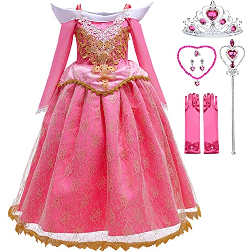 Snyemio Dornröschen Kostüm Kinder Mädchen Prinzessin Aurora Rosa Kleid Karneval Verkleidung Fasching Geburtstag Halloween, Rosa, 128-134(Etikett 130) von Snyemio