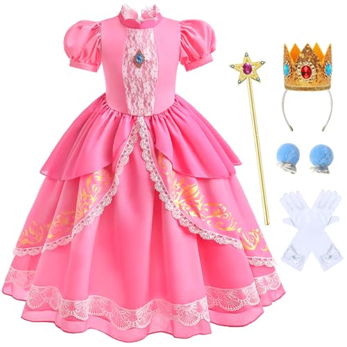 Snyemio Prinzessin Pfirsich Cosplay Kostüm für Mädchen, Kinder Rosa Halloween Karneval Verkleidung Kostüme Dress Up mit Zubehör, Rosa, 104-110(Etikett 110) von Snyemio