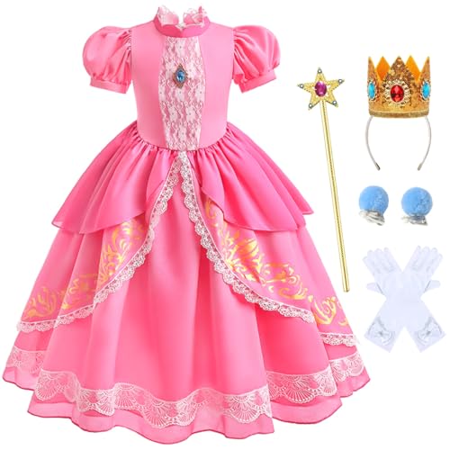 Snyemio Prinzessin Pfirsich Cosplay Kostüm für Mädchen, Kinder Rosa Halloween Karneval Verkleidung Kostüme Dress Up mit Zubehör, Rosa, 116-122(Etikett 120) von Snyemio