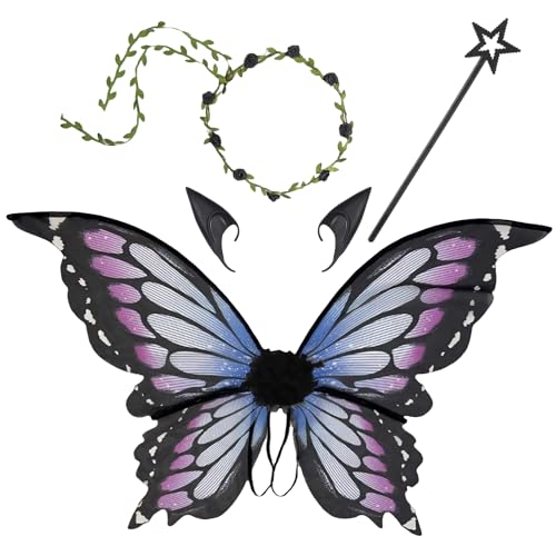 Snycler Feenflügel für Erwachsene und Mädchen, Feenkostüm-Set mit Blumengirlande, Feenhaar-Lametta, Zauberstab & Elfenohren, Schmetterlingsflügel, ideal für Cosplay, Party, Lila Snycler Feenflügel für Erwachsene und Mädchen, Feenkostüm-Set mit Blumengirlande, Feenhaar-Lametta, Zauberstab & Elfenohren, Schmetterlingsflügel, ideal für Cosplay, Party, Lila von Snylcce