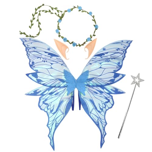 Snycler Feenflügel für Erwachsene und Mädchen, Feenkostüm Set mit Blumengirlande Zauberstab & Elfenohren Schmetterlingsflügel, ideal für Cosplay, Party, Blau Snycler Feenflügel für Erwachsene und Mädchen, Feenkostüm Set mit Blumengirlande Zauberstab & Elfenohren Schmetterlingsflügel, ideal für Cosplay, Party, Blau von Snylcce