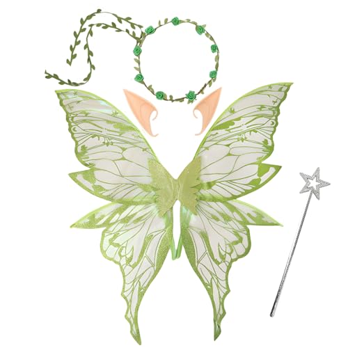 Snycler Feenflügel für Erwachsene und Mädchen, Feenkostüm Set mit Blumengirlande Zauberstab & Elfenohren Schmetterlingsflügel, ideal für Cosplay, Party, Grün von Snylcce