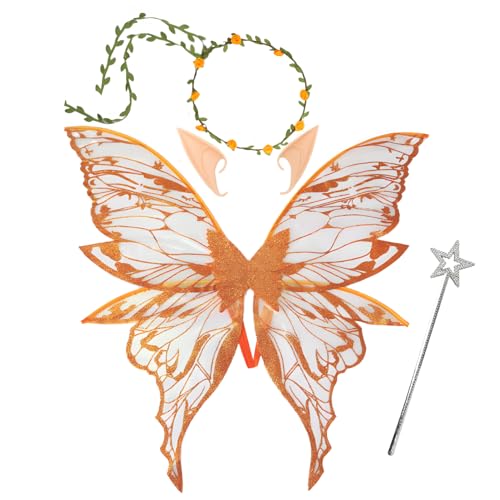 Snycler Feenflügel für Erwachsene und Mädchen, Feenkostüm Set mit Blumengirlande Zauberstab & Elfenohren Schmetterlingsflügel, ideal für Cosplay, Party, Orange von Snylcce