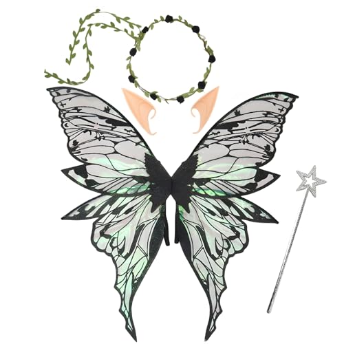 Snycler Feenflügel für Erwachsene und Mädchen, Feenkostüm Set mit Blumengirlande Zauberstab & Elfenohren Schmetterlingsflügel, ideal für Cosplay, Party, Schwarz Snycler Feenflügel für Erwachsene und Mädchen, Feenkostüm Set mit Blumengirlande Zauberstab & Elfenohren Schmetterlingsflügel, ideal für Cosplay, Party, Schwarz von Snylcce