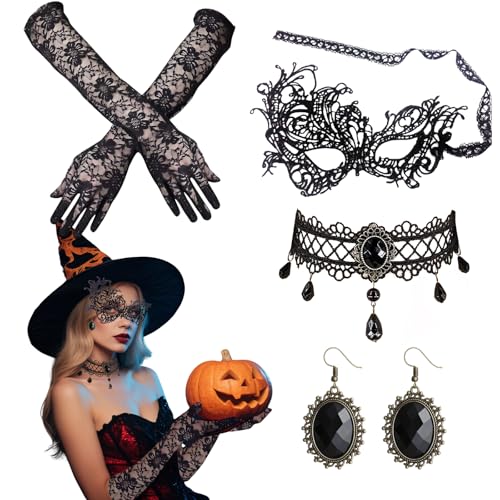 Halloween Steampunk Damen Zubehör 4 PCS Netzhandschuhe, Spitzenmaske, Halskette, Ohrringe ideal für Steampunk Karneval Halloween Party Geschenk Halloween Steampunk Damen Zubehör 4 PCS Netzhandschuhe, Spitzenmaske, Halskette, Ohrringe ideal für Steampunk Karneval Halloween Party Geschenk von Snyvpra
