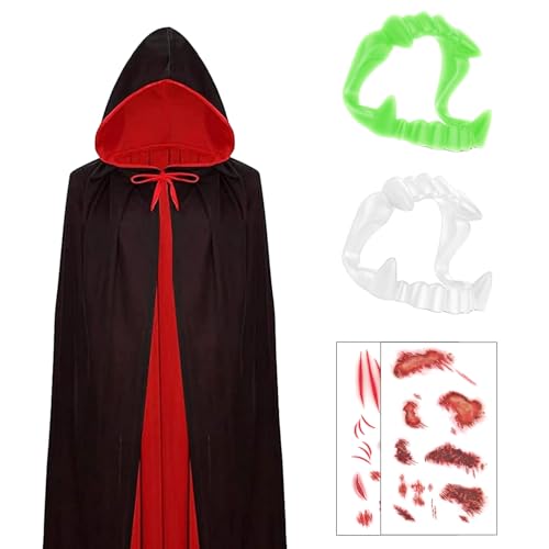 Halloween Vampir Kostüm, Beidseitig Rot Schwarz Vampir Umhang Mit Kaputze & Vampirzähne Und Aufkleber Für Kinder Jungen Und Kinder Mädchen, Cosplay Für Halloween Kostüm(120cm) von Snyvpra