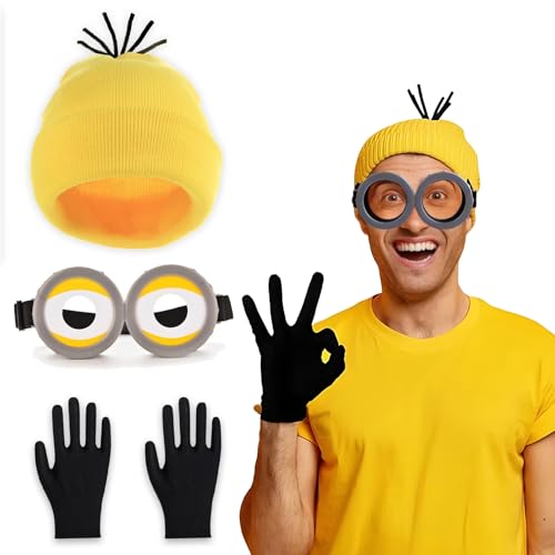 Snyvpra Halloween Kostüm Zubehör, 3 Stück Halloween Kostüme, Steampunk Brille mit Augen Gelbe Mütze Schwarze Handschuhe Set, Gelb Strickmütze für Erwachsene, Halloween, Karneval Kostüm Cosplay von Snyvpra