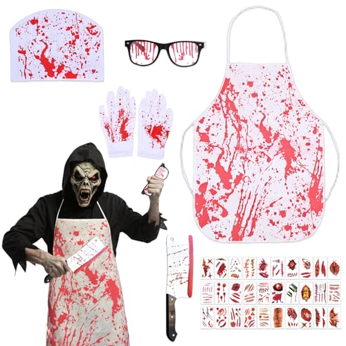 Snyvpra Halloween Kostüm Set 35tlg – Blutige Schürze mit Handschuhen, Mütze, Brille, Messer & 30 Wunde Tattoos – Gruseliges Horror Halloween Kostüm Herren für Party & Cosplay Snyvpra Halloween Kostüm Set 35tlg – Blutige Schürze mit Handschuhen, Mütze, Brille, Messer & 30 Wunde Tattoos – Gruseliges Horror Halloween Kostüm Herren für Party & Cosplay von Snyvpra