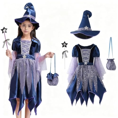 Halloween Kostüm Kinder Mädchen Hexenkostüm Kinder Karneval Cosplay Kostüme Festival Outfit Party KarnevalsKostüme Verkleidung Set mit Hut,Feenstab,Tragetasche Blau 150 von Sobzia