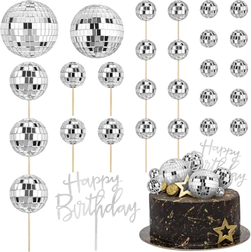 Socluer 29 Stück Discokugel Kuchen Toppers Set mit Happy Birthday Topper, 1970S Disco Tortendeko, Disco Balls Cake Toppers für Geburtstags, Disko Themenparty von Socluer
