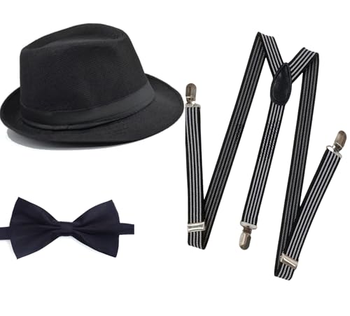 Soffpjy 1920er Herren-Kostüm, Fedora-Hut, Gatsby, Gangster-Zubehör, Hosenträger und vorgebundene Fliege, Schwarz gestreift C, Large（59-60cm） von Soffpjy