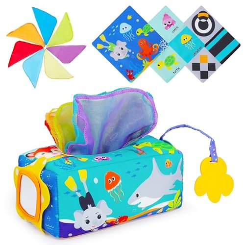 Sofore Montessori-Spiele 6 Monate, Baby-Taschentuchbox, Montessori-Taschentuchbox für Neugeborene mit Kauspielzeug und Spiegel, sensorisches Spielzeug, Babyspiele, Ozean von Sofore