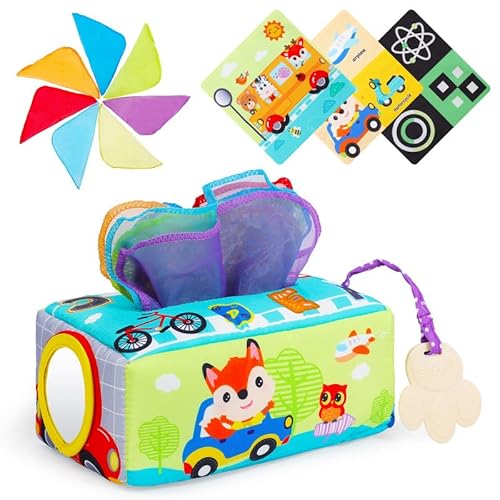 Sofore Montessori-Spiele 6 Monate, Taschentuchbox für Babys, Montessori-Taschentuchbox für Neugeborene mit Kauspielzeug und Spiegel, sensorisches Spielzeug, Babyspiele, Transport von Sofore