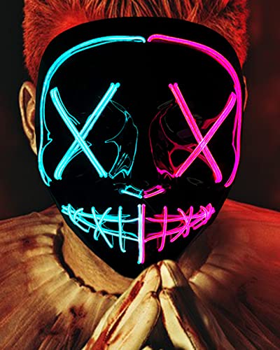 SogYupk Halloween Maske Purge Maske für Lustige Kostüme Spiele Grimasse Cosplay Party Karneval Gruselige LED Halloween Masken mit 3 Beleuchtungsmodi für Herren Damen Kinder (Eisblau + Rosa) von SogYupk