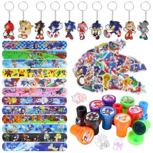 84 PCS Hedge-hog Party Mitgebsel, Soni Kindergeburtstag Mitgebsel Kinder, 12 Slap Armbänder Clap Bracelets, 12 Stempel, 50 Aufkleber, 10 Schlüsselanhänger, Soni Geburtstag Geschenk Deko von SolWonder