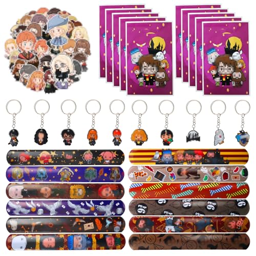 Magic Wizard Party Mitgebsel Kindergeburtstag, 82Pcs Harry Pot Mitgebsel, 12 Slap Armbänder Clap Bracelets, 10 Geschenktüten, 50 Aufkleber, 10 Schlüsselanhänger, Wizard Geburtstag Geschenk Deko von SolWonder