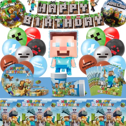 Mine World Geburtstagsdeko, Videospiel Geburtstags Dekoration, Miner Partygeschirr, Cartoon Geburtstaggeschirr Enthält Banner, Luftballons, Teller für Kinder Geburtstagsdeko von SolWonder