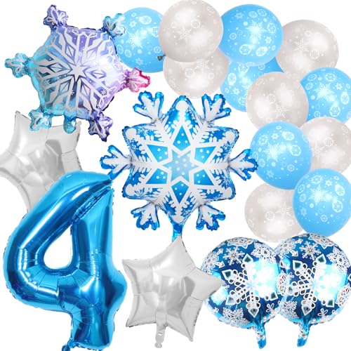Schneeflocken Deko Luftballon, Geburtstag Zahlen Luftballon 4 Jahre, Blau Schneeflocken Folienballons Geburtstag Kit, für Kinder Party Dekoration (4) von SolWonder