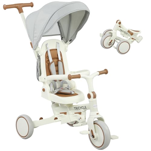 AIYAPLAY Kids Trike, faltbares Kleinkind-Dreirad 5 in 1 mit verstellbarem Elterngriff & abnehmbarem Verdeck, 5-Punkt Sicherheitsgurt, Fußstütze, Aufbewahrungstasche, für 1-3 Jahre, cremeweiß von Sold by MHSTAR