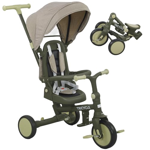AIYAPLAY Kids Trike, faltbares Kleinkind-Dreirad 5 in 1 mit verstellbarem Elterngriff & abnehmbarem Verdeck, 5-Punkt Sicherheitsgurt, Fußstütze, Aufbewahrungstasche, für 1-3 Jahre, dunkelgrün AIYAPLAY Kids Trike, faltbares Kleinkind-Dreirad 5 in 1 mit verstellbarem Elterngriff & abnehmbarem Verdeck, 5-Punkt Sicherheitsgurt, Fußstütze, Aufbewahrungstasche, für 1-3 Jahre, dunkelgrün von Sold by MHSTAR
