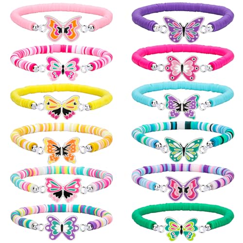Soleebee 12 Stück Freundschaftsarmband Kinder Einstellbare Geflochten Armbänder, Bunte Perlen Stretch Boho Armbänder Set Kinderschmuck für Mädchen Kinder Mitgebsel Geburtstag Party (Schmetterling) von Soleebee