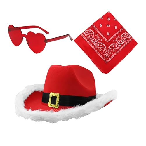 Sollee Weihnachtsmann-Cowboy-Hüte-Set, Westernhut, Party-Kopfbedeckung, 3 x Cowgirl-Hut, Vintage-Bandana, Herzbrille, verstellbar, Weihnachtsfeier, Western-Kostüm-Zubehör von Sollee