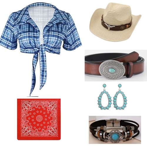 6 Stück Cowgirl Kostüm für Damen, Western Outfits Zubehör-Set mit Cowboy Hut, Karo T-Shirt, Bandana, Türkisfarbene Ohrringe, Armbänder, Cowboy Kostüm Karneval Fasching Halloween Cosplay (Blau, 2XL) 6 Stück Cowgirl Kostüm für Damen, Western Outfits Zubehör-Set mit Cowboy Hut, Karo T-Shirt, Bandana, Türkisfarbene Ohrringe, Armbänder, Cowboy Kostüm Karneval Fasching Halloween Cosplay (Blau, 2XL) von Solorass