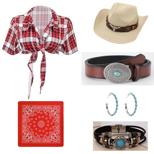 6 Stück Cowgirl Kostüm für Damen, Western Outfits Zubehör-Set mit Cowboy Hut, Karo T-Shirt, Bandana, Türkisfarbene Ohrringe, Armbänder, Cowboy Kostüm Karneval Fasching Halloween Cosplay (Rot, S) 6 Stück Cowgirl Kostüm für Damen, Western Outfits Zubehör-Set mit Cowboy Hut, Karo T-Shirt, Bandana, Türkisfarbene Ohrringe, Armbänder, Cowboy Kostüm Karneval Fasching Halloween Cosplay (Rot, S) von Solorass