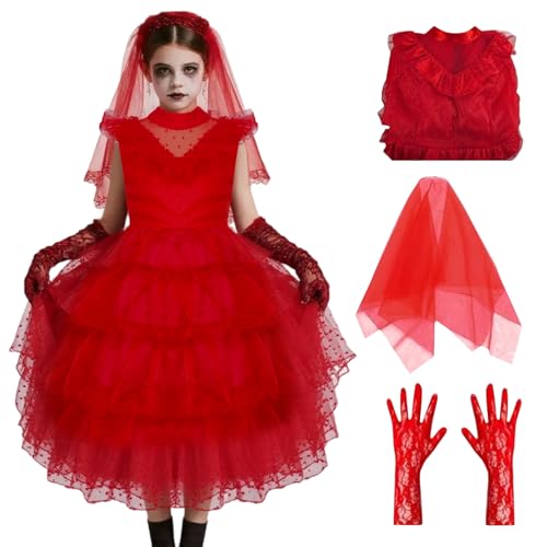 Halloween Braut Kostüm Damen Kinder Rote Braut Kostüm Gothic Horror Brautkleid Cosplay Set mit Handschuhen Schleier für Karneval Fasching Verkleidung (Kind, M) von Solorass