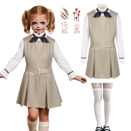 Megan Cosplay Kostüm Kinder, M3gan Kostüm Mädchen Horrorpuppe Outfit Killer Schuluniform Verkleidung Halloween Accessoires Socken Krawatte Cosplay Karneval für Mädchen 3-12 Jahre (2, 150) von Solorass